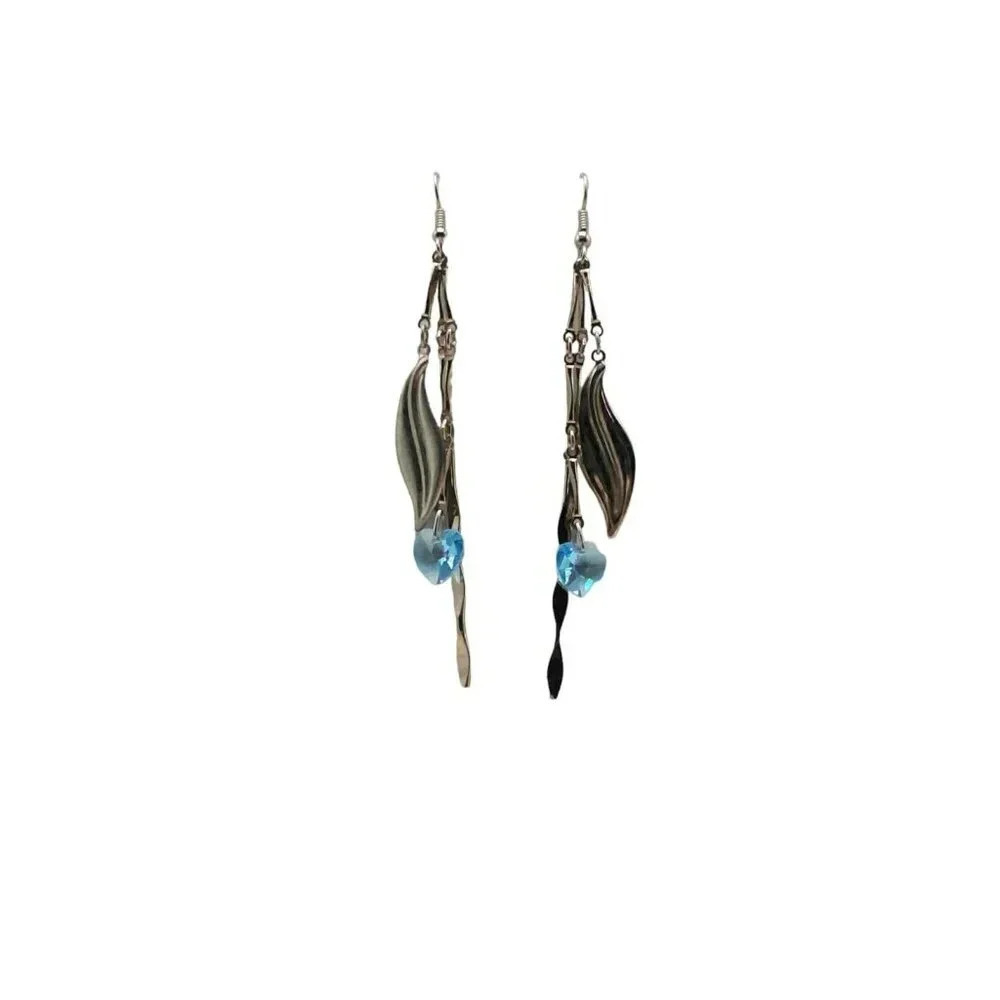 Blue Rhinestone Heart Leaf Dangle Drop Earrings Hook Closure Silver Tone Vintage